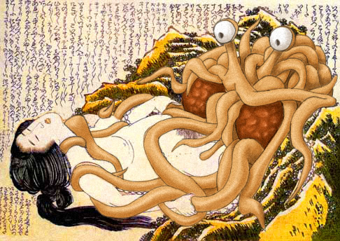 1boy 1girls fine_art_parody flying_spaghetti_monster god japanese_text monster parody public_domain religion shunga straight tentacle tentacle_sex the_dream_of_the_fisherman's_wife