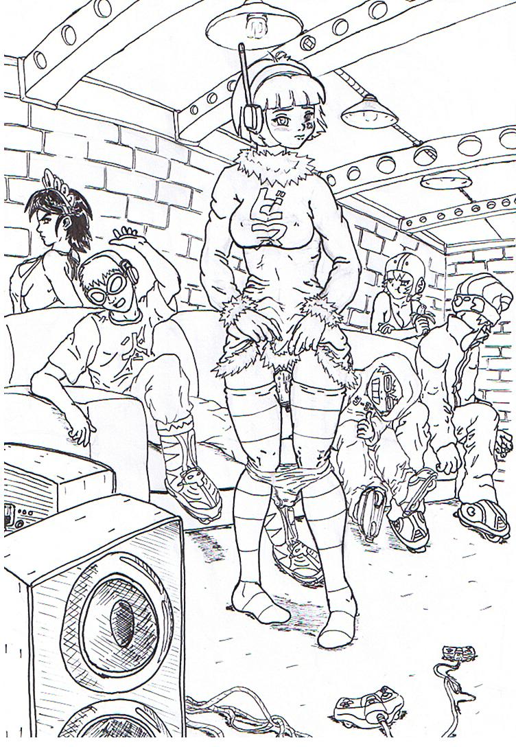 3boys 3girls apron beat_(jsr) blush clothed controller cube_(jsr) dildo dress_lift female gum_(jsr) headset jet_set_radio kneesocks maid_uniform male medium_hair mew_(jsr) monochrome naked_apron panties panties_down panty_pull sega sideboob tab_(jsr) uncolored vaginal_insertion yoyo_(jsr)