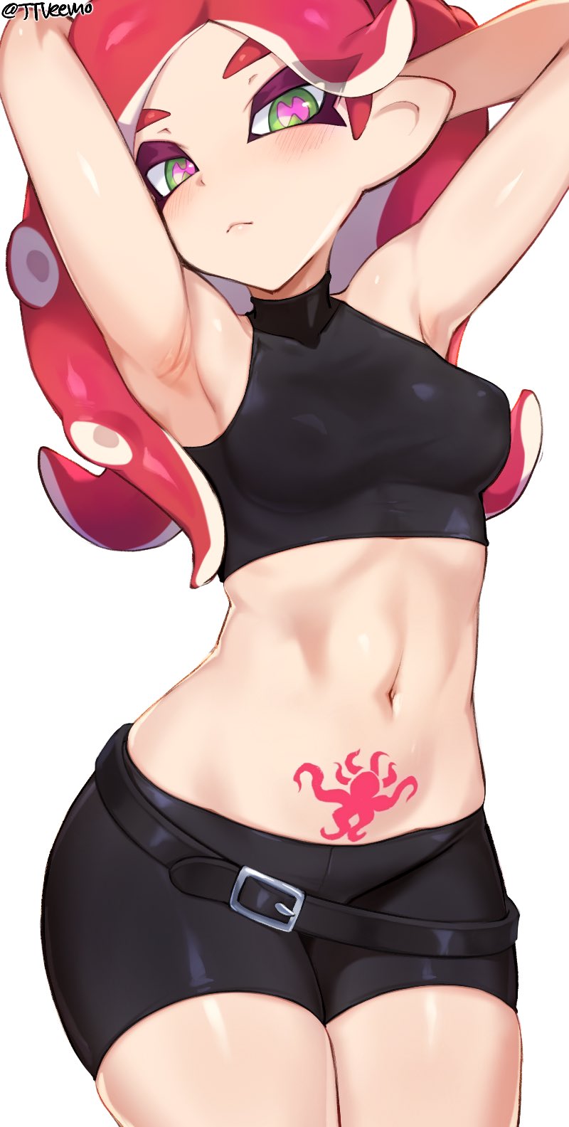 1girls, armpits, breasts, cleavage, erect nipples, female, female only, jtveemo, looking at viewer, nintendo, nipples, octoling, octoling girl, octoling rival, pseudo hair, solo, splatoon, splatoon 2