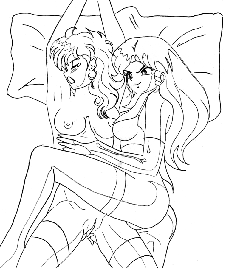 a-ko_magami ass b-ko_daitokuji breasts female human james_bender long_hair monochrome nipples project_a-ko sketch tagme yuri