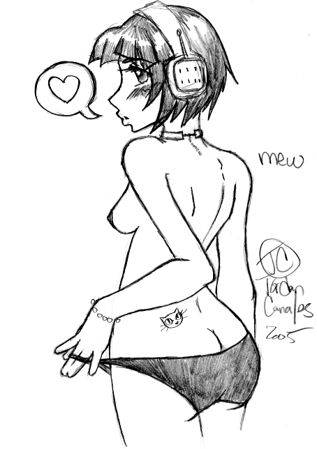 2005 areolae artist_request ass bangs big_ass black_hair black_panties blush bracelet breasts butt_crack character_name choker cowboy_shot dated female female_only headphones headset heart human jet_set_radio medium_breasts mew_(jsr) monochrome nipples panties panty_tug pencil_(artwork) short_hair sideboob simple_background solo speech_bubble spoken_heart tattoo topless traditional_media white_background