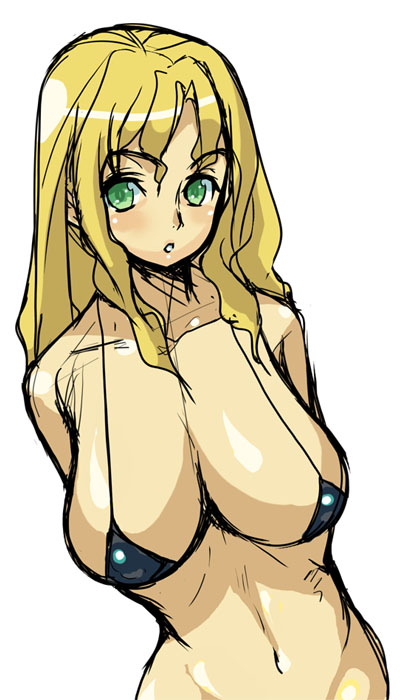 1girls akaga_hirotaka arms_behind_back bikini blonde_hair blush breasts cleavage female green_eyes huge_breasts large_breasts long_hair michelle_cheung micro_bikini navel r.o.d_the_tv read_or_die sketch solo standing swimsuit