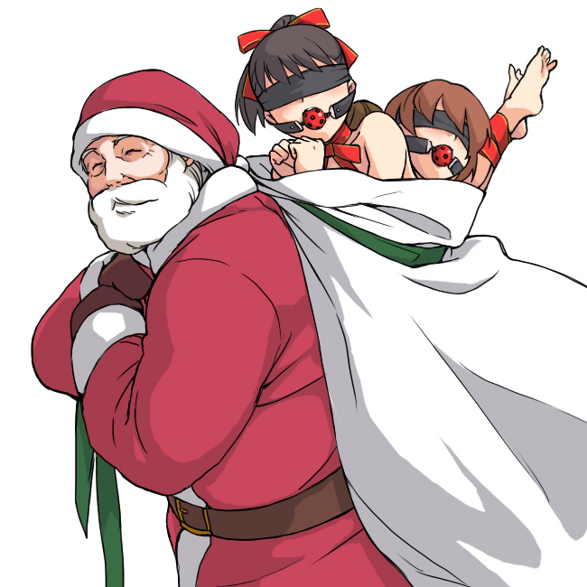 2girls babynine bag ball_gag barefoot beard blindfold bondage carrying christmas facial_hair feet gag gagged minato_fumi multiple_girls old_man original santa santa_claus santa_costume size_difference what