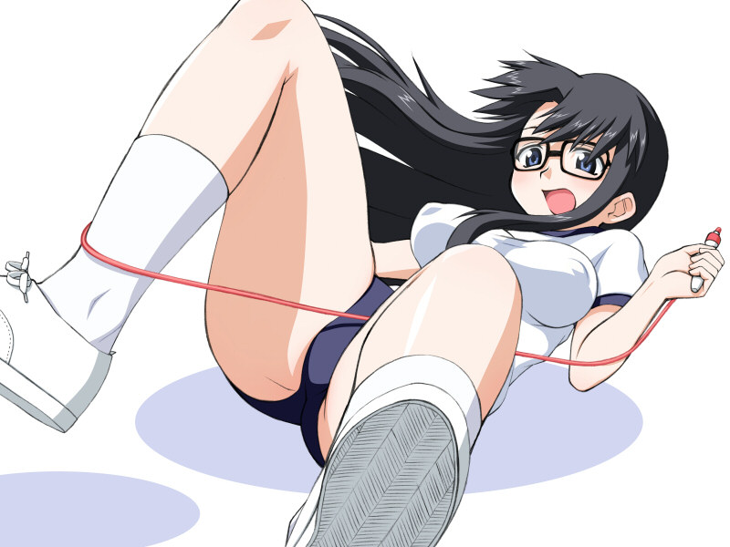 1girls black_hair blue_eyes breasts buruma clothing elf_k entangled erect_nipples erect_nipples_under_clothes female footwear glasses gym_uniform jump_rope long_hair open_mouth read_or_die socks solo yomiko_readman