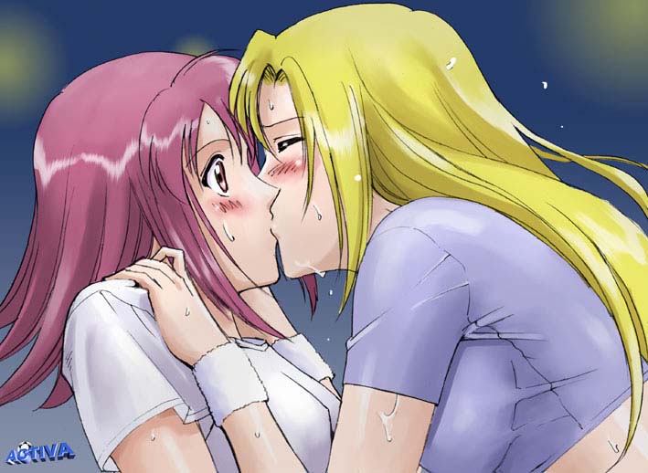 2girls clothing female kaleido_star kissing layla_hamilton moriya_naoki multiple_girls naegino_sora sora_naegino yuri