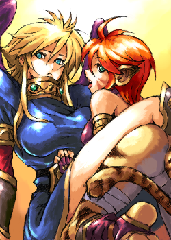 2girls akihidekawa animal_ears ass blonde_hair breasts breath_of_fire breath_of_fire_ii clothing female female_only green_eyes large_breasts legs long_legs lowres multiple_girls nina_(breath_of_fire_ii) oekaki open_mouth red_hair rinpoo_chuan tail thighs tongue yuri