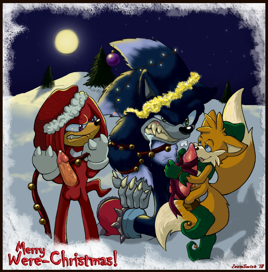 anthro balls blue_eyes blue_hair canine chest_tuft christmas christmas_tree echidna fox full_moon fur furry_tail green_eyes hair hat hedgehog holidays knuckles_the_echidna licking male male_only moon multiple_males multiple_tails ornaments penis purple_eyes santa_hat sega sex sleigh_bells snow sonic_(series) sonic_the_hedgehog sonic_the_werehog sonic_unleashed tail tails tongue tree werehog wood yaoi zoomswish