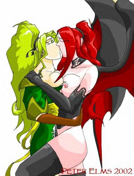 2002 blonde_hair breasts castlevania demon female kissing maria_renard maria_renard_(sotn) multiple_girls peter_elms red_hair succubus succubus_(castlevania) yuri