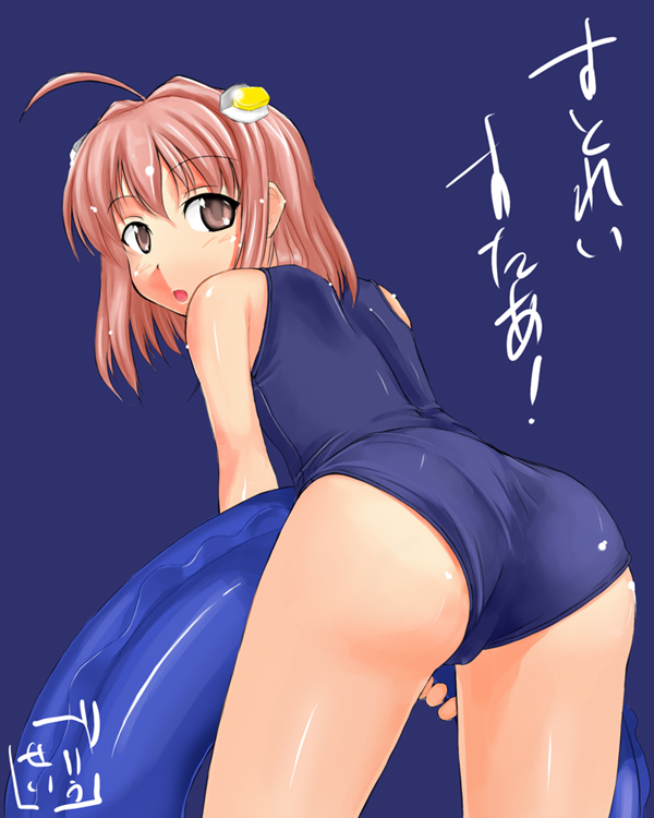 ahoge antenna_hair ass blush innertube itou_ryuusei looking_back m.o.m.o. momo one-piece_swimsuit pink_eyes pink_hair sanbi school_swimsuit short_hair solo swimsuit xenosaga