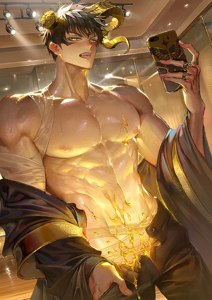 1boy, abs, biceps, blush, dragon, gay, gay male, looking at viewer, male, mammon (what in hell is bad), muscular, muscular male, nori31291404, phone, tagme, tongue, tongue out, what in hell is bad, yaoi