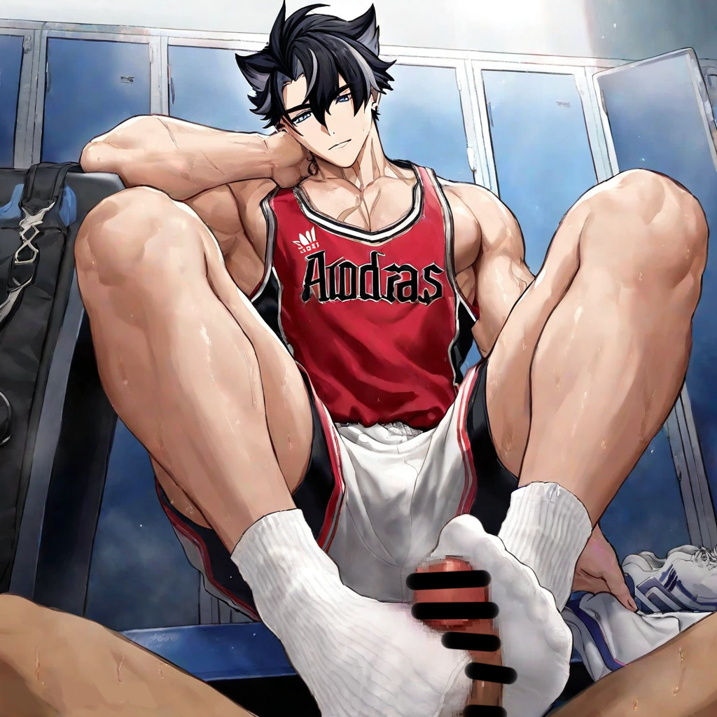 2boys bar_censor black_hair censored feet footjob footjob_with_legwear gay genshin_impact indoors linklink1 locker_room male male_focus male_only multiple_boys muscular muscular_male pecs scar socks solo_focus tank_top two_tone_hair uniform wriothesley_(genshin_impact) yaoi