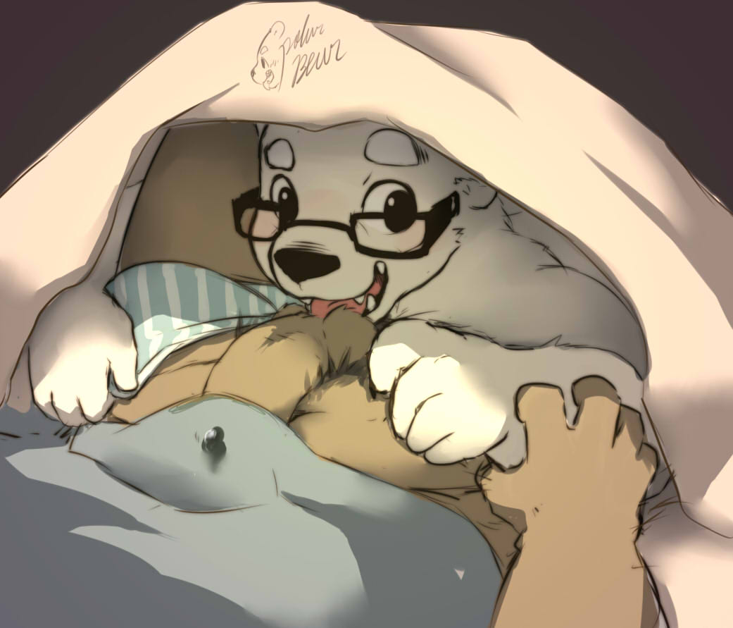 anthro ball_lick bear bed boxers erection erection_under_clothes eyewear furry glasses licking looking_at_viewer male male_only mammal on_bed open_mouth oral penis polakuma polar_bear pov precum pubic_hair sex signature smile solo tongue tongue_out under_covers underwear underwear_around_one_leg unknown_species wet_spot