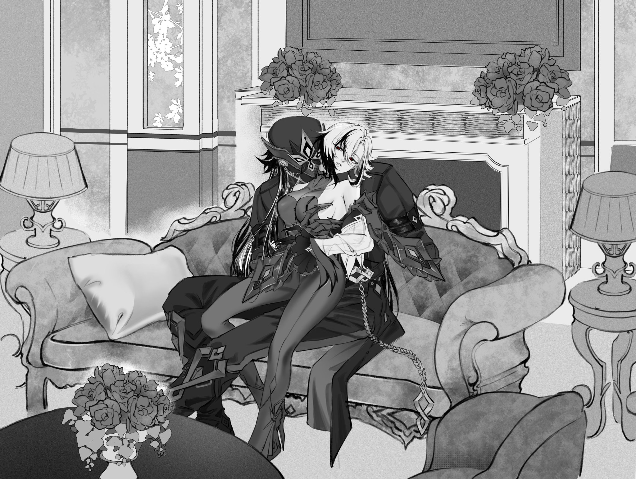 arlecchino (genshin impact), black and white, capitano (genshin impact), couch, couch sex, female, genshin impact, impassiveness, molestation, monochrome, no emotion, no sex, private room, red eyes, size difference, sofa, sofa sex, teasing, unknown artist