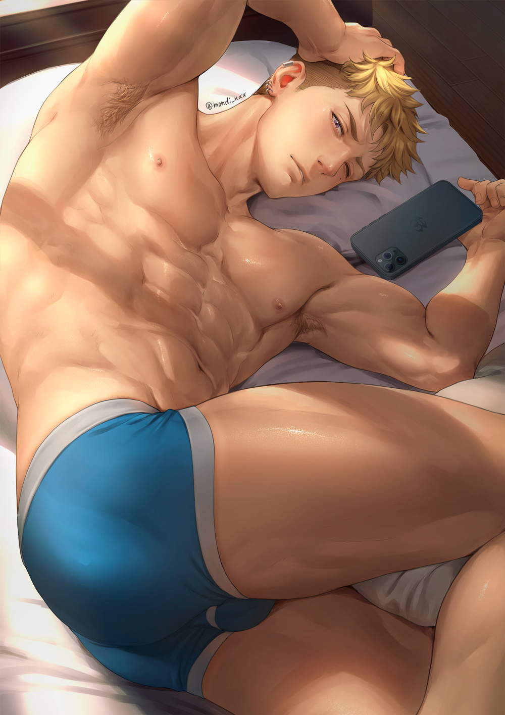 1boy abs armpit_hair bed blonde_hair earrings indoors jewelry looking_at_viewer luca_(mondi_xxx) lying male male_only mondi_xxx muscular muscular_male nipples one_eye_closed original parted_lips pecs phone purple_eyes solo topless underwear_only