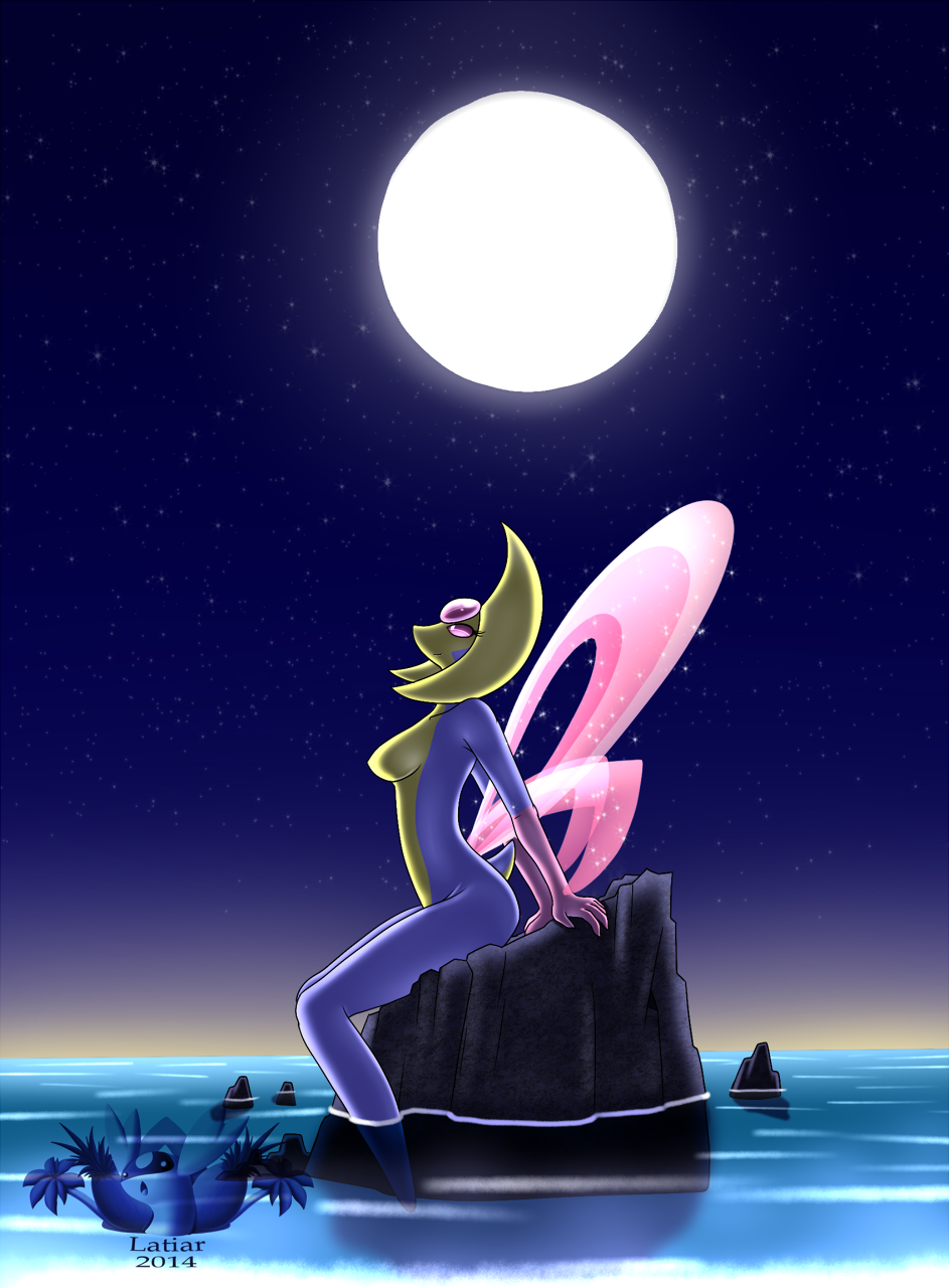 1girls ass bioluminescence blue_skin breasts cresselia eyelashes feet female female_only glowing latiar legendary_pokemon looking_up moon night nintendo no_nipples nude outdoors pink_eyes pink_skin pokemon pokemon_dppt rock side_view sitting sky smile solo stars tail text water wings yellow_skin