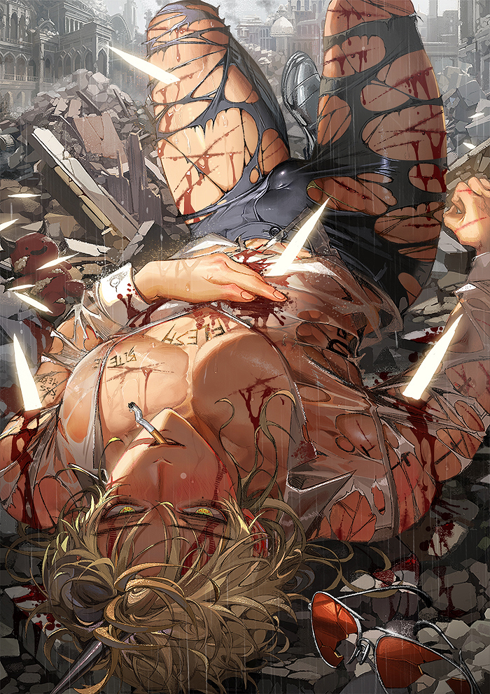 1boy, beelzebub (what in hell is bad), bikini bottom, blood, blood everywhere, blush, body writing, bulge, cigarette, cigarette in mouth, female, gay, gay male, glasses, horn, looking at viewer, male, male only, muscular, muscular male, nori31291404, rubble, stabbed, tagme, torn clothes, unfazed, what in hell is bad, yaoi