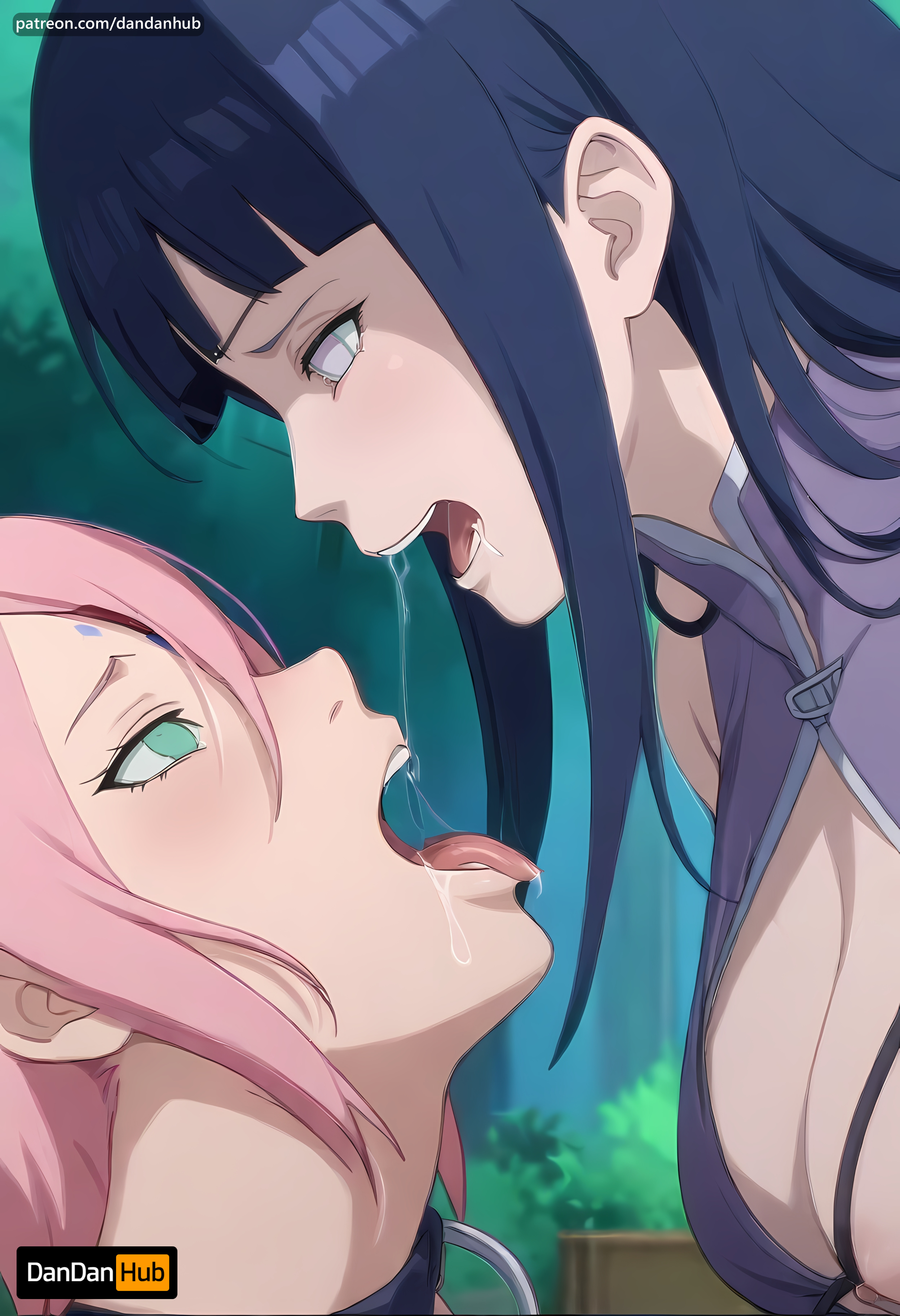 2girls, after kiss, ai generated, artist name, bangs, black hair, blush, boruto: naruto next generations, breasts, cleavage, dandanhub, drooling, eye contact, facial mark, female, female only, green eyes, haruno sakura, hyuuga hinata, hyuuga hinata (naruto: the last), konohagakure symbol, large breasts, long hair, looking at another, multiple females, multiple girls, naruto, naruto (series), naruto shippuden, no pupils, open mouth, outdoors, pink hair, purple eyes, sakura haruno, saliva, saliva trail, short hair, spit in mouth, spitting, spitting in mouth, teeth, tongue, tongue out, uchiha sakura, uzumaki hinata, watermark, yuri