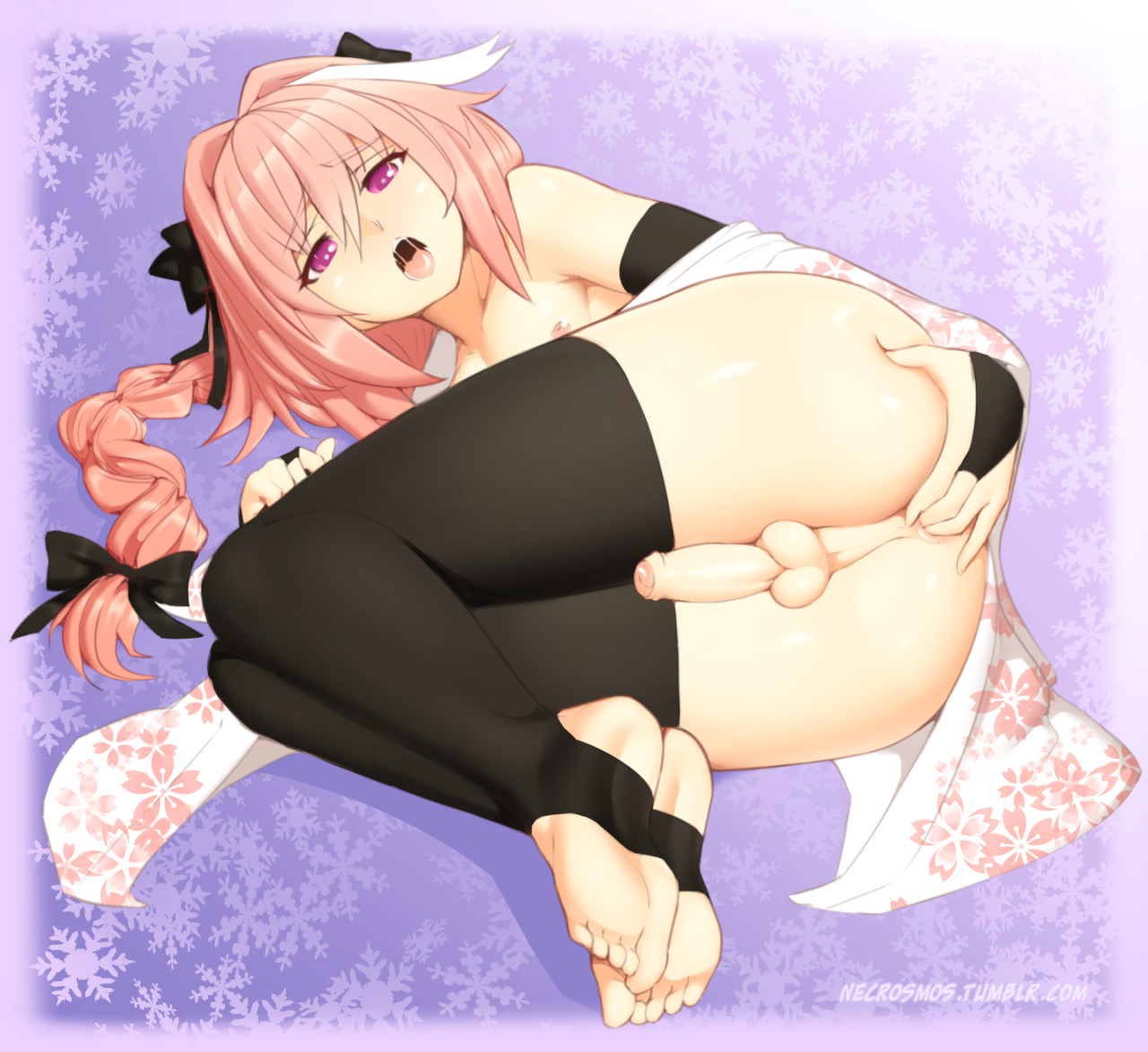 1boy, 2017, 5 fingers, 5 toes, anal insertion, anus, ass, astolfo (fate), balls, big ass, bubble ass, bubble butt, cute, elbow gloves, erection, eyebrows, eyebrows visible through hair, eyelashes, fate (series), fate/apocrypha, fate/extra, feet, femboy, fingering, foreskin, girly, hair ribbon, human, human only, long hair, looking at viewer, lying, male, male only, masturbation, necrosmos, nude, on side, open mouth, penis, pink hair, ponytail, presenting, purple eyes, testicles, thick, thick ass, thick thighs, thighhighs, tied hair, toes, tongue, trap, tumblr, uncircumcised, uncut, wide hips