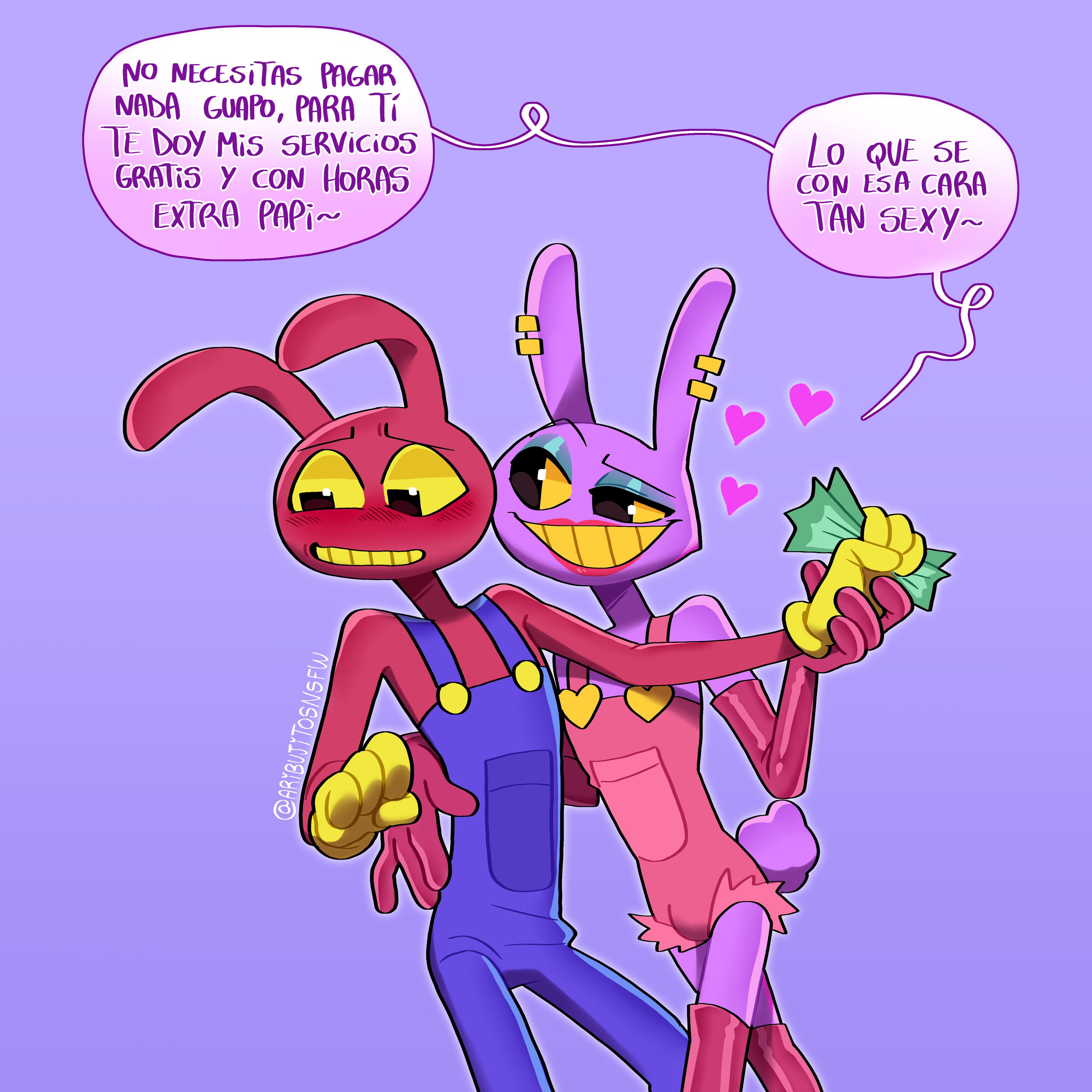 2boys, anthro, anthro only, aribujitosnsfw, artist name, blush, clothed, clothed male, clothing, duo, earrings, evil jax (the amazing digital circus), eyeshadow, femboy, feminine male, gay, gay male, girly, glitch productions, gloves, heart, hi res, imminent sex, jax (the amazing digital circus), lips, makeup, male, male only, male/male, mammal, money, nervous, nervous smile, prostitution, purple body, rabbit, red body, short tail, spanish, spanish dialogue, spanish text, stockings, tail, text, the amazing digital circus, translated