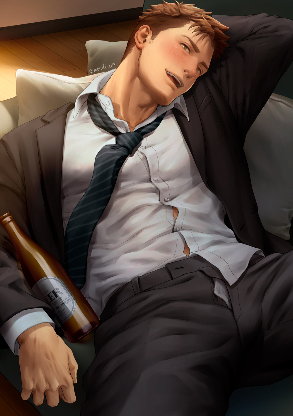 1boy alcohol blush brown_eyes dress_shirt indoors looking_at_viewer male male_only mondi_xxx necktie nipples_visible_through_clothing original smile solo suit