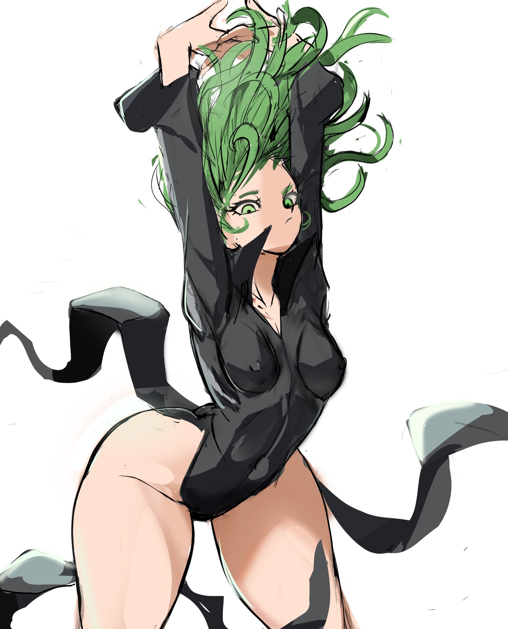 1girls, arms up, bottom heavy, breasts, cammy stretch, dress, female, fit, fit female, front view, green eyes, green hair, green-haired female, light skin, light-skinned female, one-punch man, rakeemspoon, small breasts, stretching, tatsumaki, thick thighs, thunder thighs, wide hips