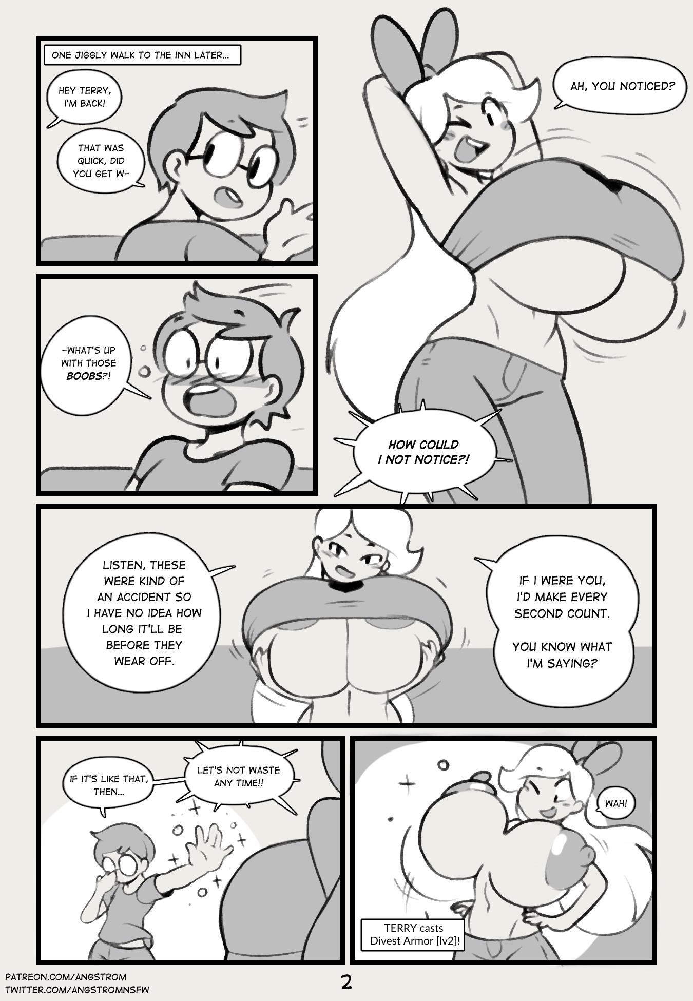 1boy, 1girls, angstrom, areolae, arms up, artist name, bandeau, bare shoulders, big breasts, blush, bouncing breasts, breasts, clothed, clothed female, clothed male, comic, english text, female, glasses, gloria (angstrom), huge breasts, male, monochrome, navel, nipples, open mouth, pants, short hair, smile, speech bubble, spell, terry (angstrom), text, topless, topless female, topwear removed, very long hair