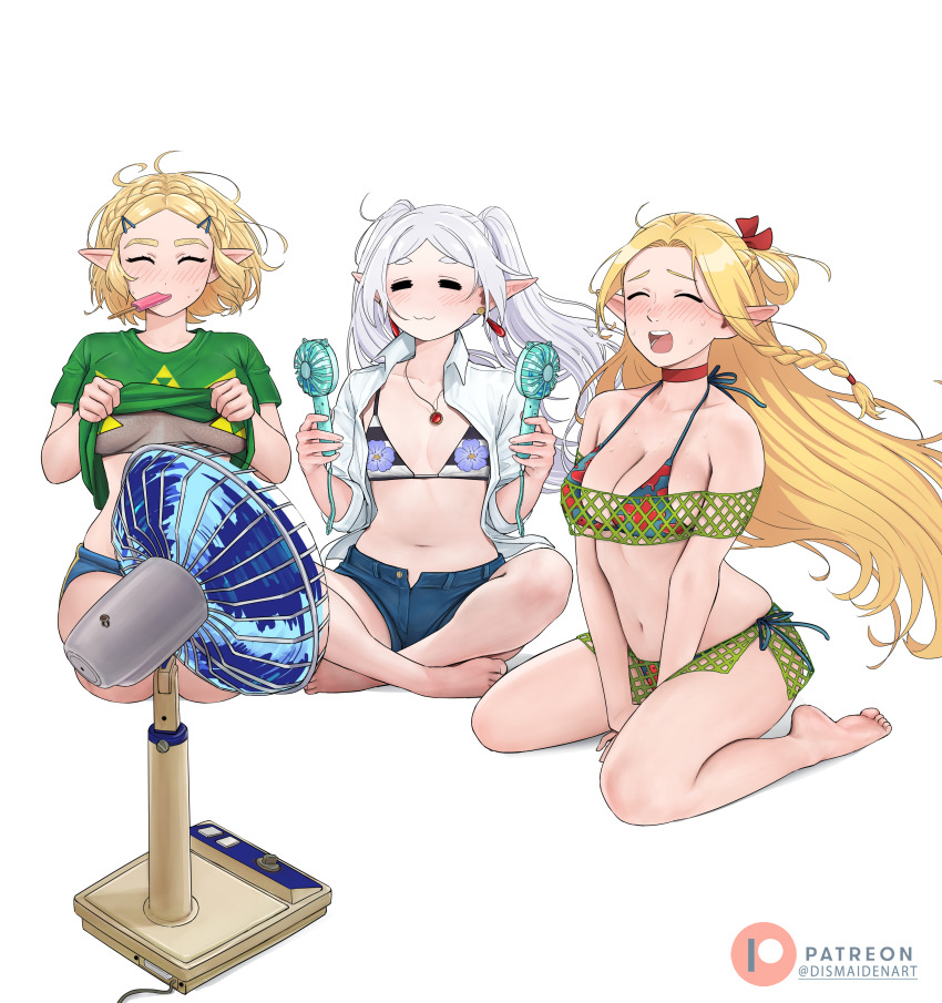 3girls :3 absurdres alternate_costume artist_name bare_legs bare_shoulders barefoot bikini blonde_hair blue_shorts blush braid breasts choker closed_eyes clothes_lift commentary contemporary crossover dismaiden dungeon_meshi earrings electricity elf english_commentary feet floating_hair food food_in_mouth frieren green_bikini green_shirt hair_ornament hairclip hand_fan highres holding holding_fan indian_style jewelry kneeling large_breasts legs long_hair marcille_donato medium_breasts multiple_girls navel necklace nintendo open_clothes open_shirt patreon_logo patreon_username pointy_ears popsicle popsicle_in_mouth princess_zelda red_choker seiza shirt shirt_lift shorts side-tie_bikini_bottom simple_background sitting small_breasts smile soles sousou_no_frieren sweat swimsuit t-shirt the_legend_of_zelda the_legend_of_zelda:_tears_of_the_kingdom thighs toenails toes triforce twintails underboob wariza white_background white_hair white_shirt