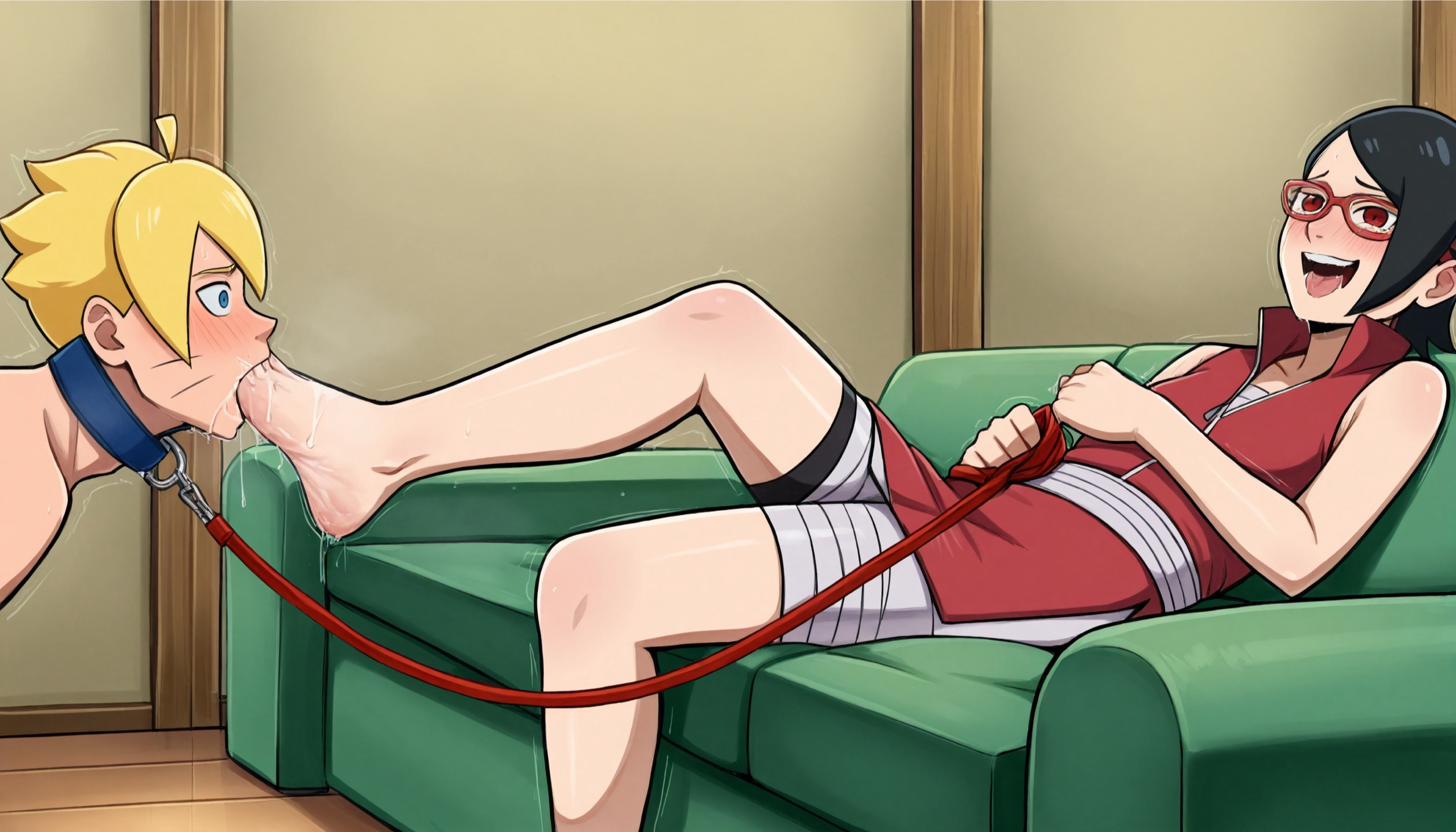 1boy, 1girls, ai generated, barefoot, bdsm, black hair, boruto: naruto next generations, clothed female nude male, collar, collar and leash, crying, dominant, dominant female, domination, dress, eyewear, feet, feet in mouth, female, femdom, fetish, foot fetish, foot focus, foot in mouth, foot lick, foot worship, glasses, human, human female, human male, implied sex, indoors, johnnybrown57, leash, leash and collar, leash pull, leashed collar, legwear, licking, licking foot, light skin, light-skinned female, light-skinned male, male, male/female, malesub, megane, naruto, naruto (series), oral, rough, sarada uchiha, sharingan, shirtless male, sitting, sitting on couch, submissive, submissive male, sweat, sweatdrop, uzumaki boruto, worship, yellow hair