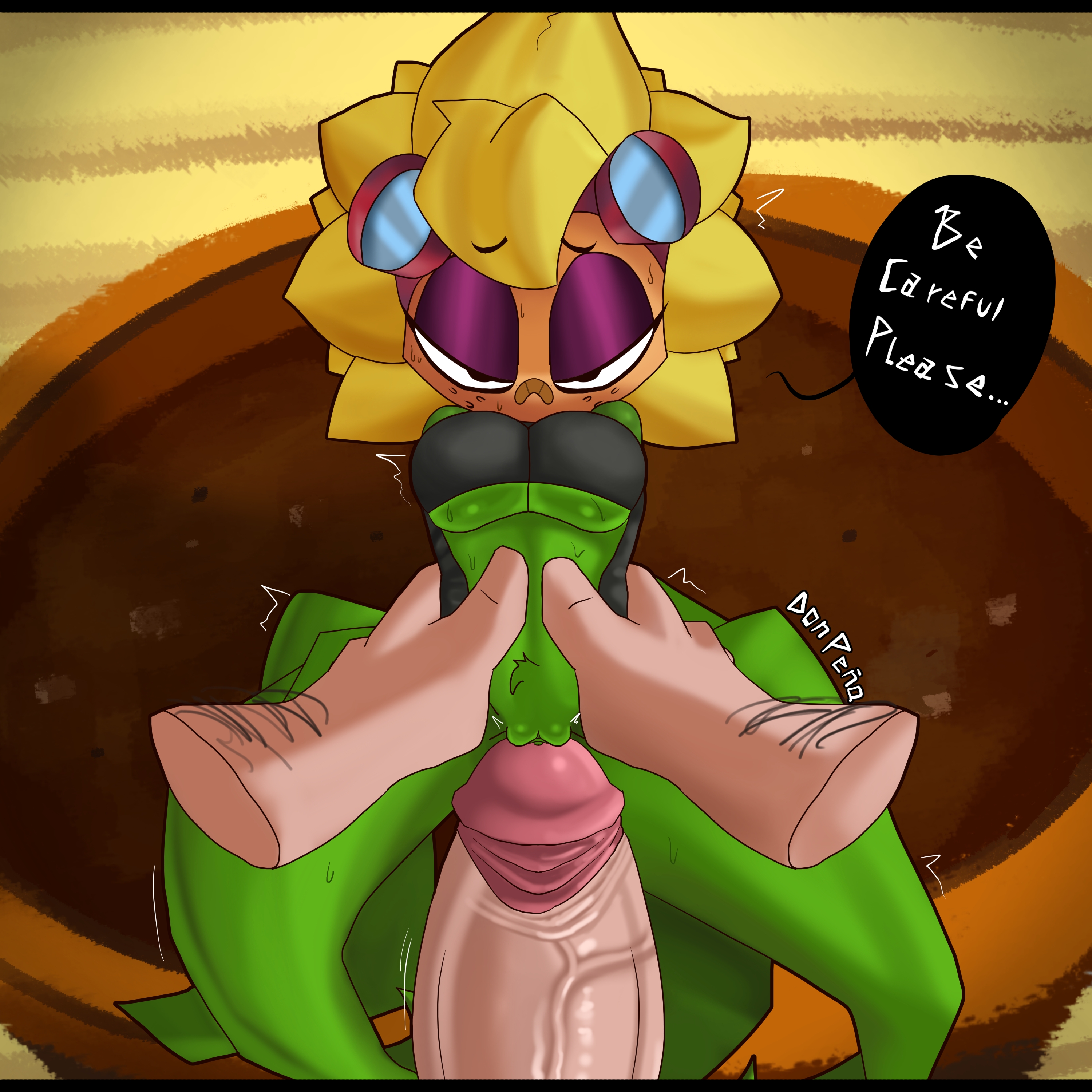 1boy, 1girls, crazy dave (pvz), diference size, female, fleshlight position, flower, flowerpot, green body, imminent penetration, imminent sex, looking at viewer, male, male pov, male/female, plants vs zombies, pov, size difference, solar flare (pvz), sunflower (pvz)