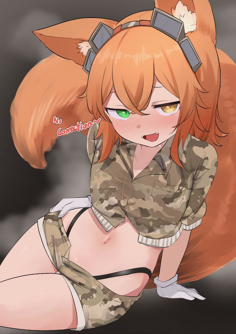 animal ears, animal tail, blush, booty shorts, clothed, cute fangs, daebom, fangs, female, female only, flat, flat chest, fox, fox ears, fox girl, fox tail, foxtail, fv721 fox (daebom), g-string, gloves, heterochromia, kemono, kemonomimi, military, military uniform, navel, orange hair, orange-haired female, petite, short shorts, shorts, tagme, tail, thong, war thunder, young