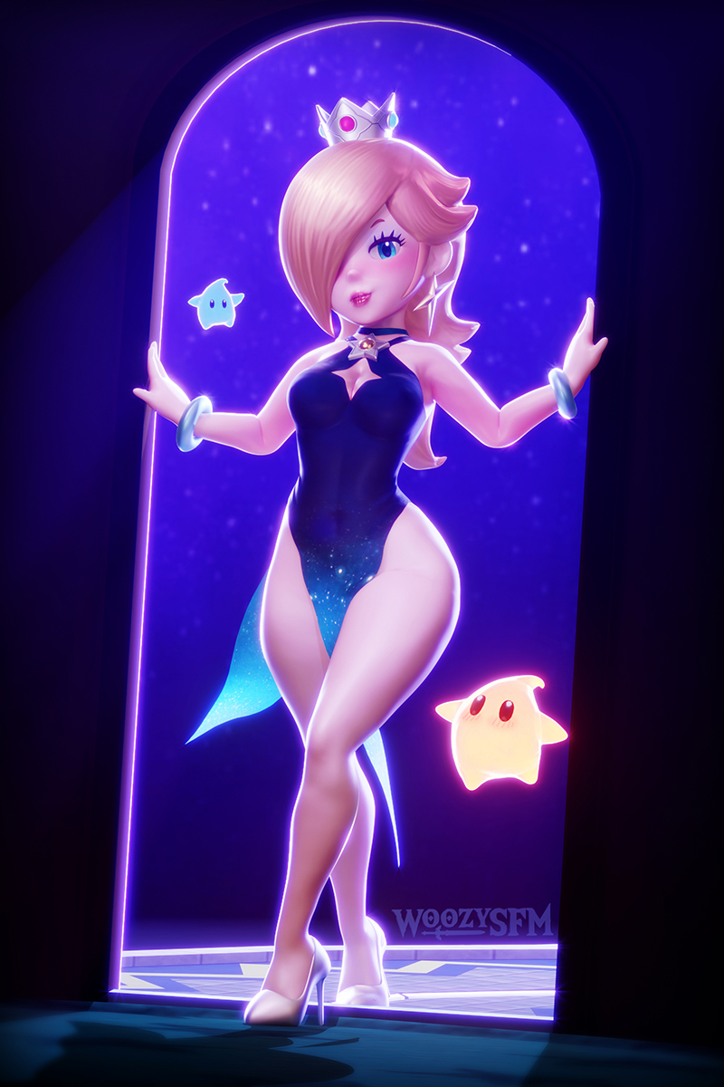 1girls, 1milf, alternate costume, beautiful, beautiful girl, beautiful woman, blonde hair, blue eyes, bracelet, cleavage, clothed, clothed female, clothes, clothing, crown, cutout, doorway, dress, earrings, female, female focus, female only, hair over one eye, heels, high heels, luma, mario (series), milf, no panties, princess rosalina, smile, solo, solo female, solo focus, source request, starry night dress (sarukaiwolf), super mario bros., super mario galaxy, thick hips, woozysfm