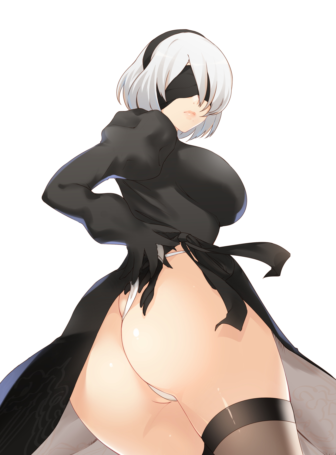 ass, ass focus, blindfold, breasts, female, nier, nier: automata, panty pull, stockings, thong, white hair, yorha 2b