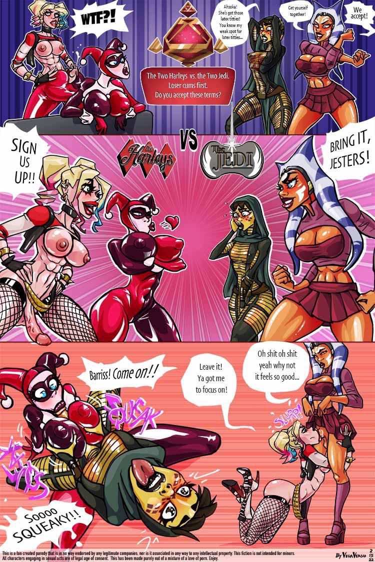 4futas ahsoka_tano barriss_offee blue_eyes brown_eyes brown_hair catfight comic comic_page fishnets futanari green_eyes harley_quinn harley_quinn_(classic) holocron hood hourglass_figure latex lekku lucasfilm orange_body page_1 paizuri skirt star_wars star_wars:_the_clone_wars sucking_penis tagme vegaversio white_body yellow_body