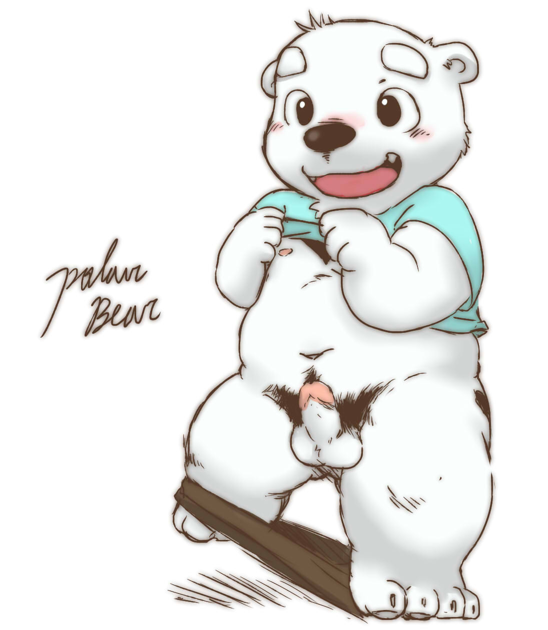 balls barefoot bear blush circumcised clothing erection front_view male mammal navel nipples obese open_mouth overweight overweight_male pants_around_one_leg penis polakuma polar_bear pubes shirt_up signature smile solo standing undressing