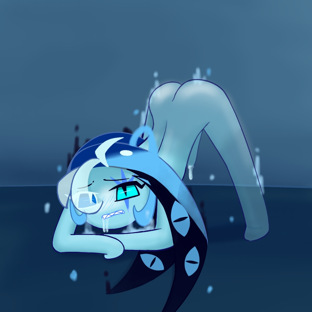 blush, completely nude, cookie run, ghost, looking at viewer, nude, precum, saliva, saliva trail, shadow milk cookie, spread legs