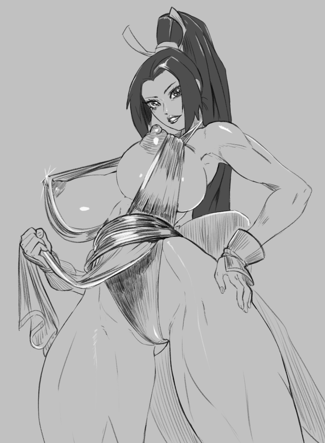 anythinggoes, arm guards, bare shoulders, breasts, cleavage, curvy, fatal fury, female, high ponytail, highres, japanese clothes, king of fighters, large breasts, leotard, leotard under clothes, lifting own clothes, long hair, looking at viewer, mai shiranui, monochrome, ninja, nipples, open mouth, parted lips, partially visible vulva, pelvic curtain, ponytail, pussy, revealing clothes, sideboob, simple background, smile, snk, solo, the king of fighters, thighs, white background, wide hips