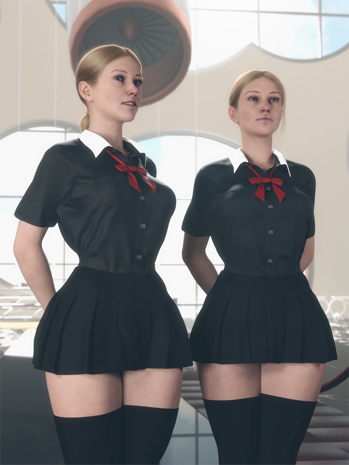 2girls, 3d, atomic heart, ballerina, big ass, big breasts, big thighs, blonde hair, breasts, bust, busty, crown braid, curvaceous, curvy, curvy female, curvy figure, cyborg, cyborg girl, digital media (artwork), ekaterina nechayeva, female, female only, focus entertainment, hips, hourglass figure, huge ass, huge breasts, humanoid, large breasts, left (atomic heart), legs, light skin, light-skinned female, mature, mature female, miniskirt, mundfish, right (atomic heart), short skirt, skirt, the twins (atomic heart), thick, thick hips, thick legs, thick thighs, thighs, twins, voluptuous, voluptuous female, waist, wide hips, word2