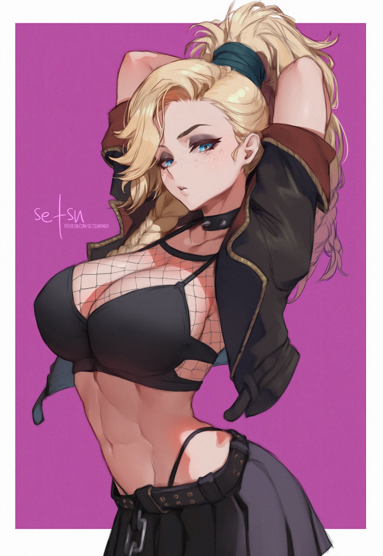 1girls, abs, ai generated, big breasts, black jacket, black skirt, blonde female, blonde hair, blue eyes, breasts, cleavage, collar, collarbone, eye shadow, female, female focus, female only, fishnet, fishnets, freckles, gemma (monster hunter wilds), looking at viewer, mascara, miniskirt, monster hunter, monster hunter wilds, open jacket, ponytail, setsuaiart, simple background