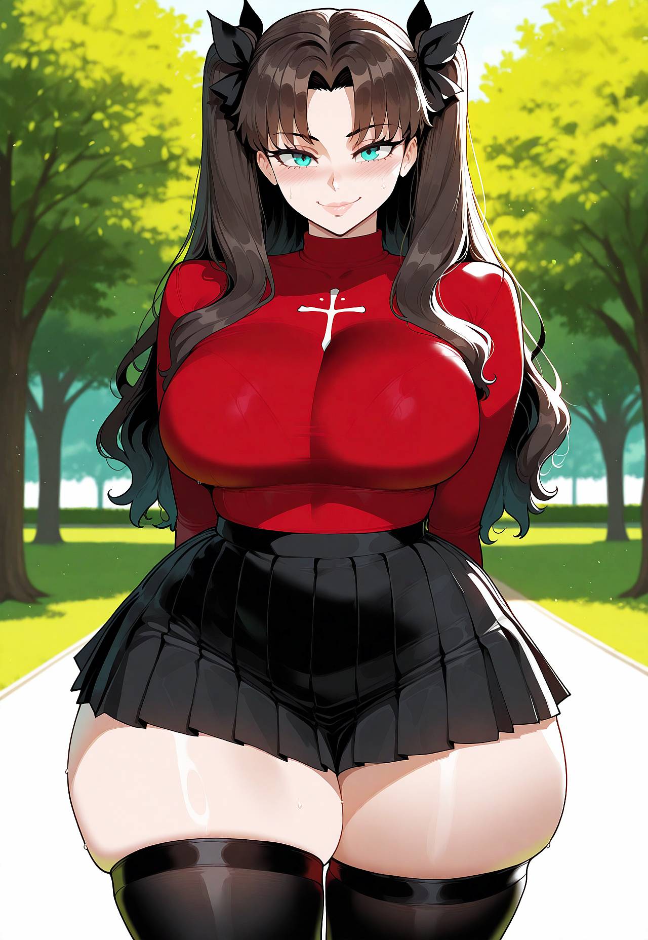 1girls ai_generated big_breasts breasts fate/stay_night fate_(series) female female_focus green_eyes hips huge_breasts large_breasts legwear light-skinned_female long_hair looking_at_viewer thick_thighs thighs tohsaka_rin twintails wide_hips