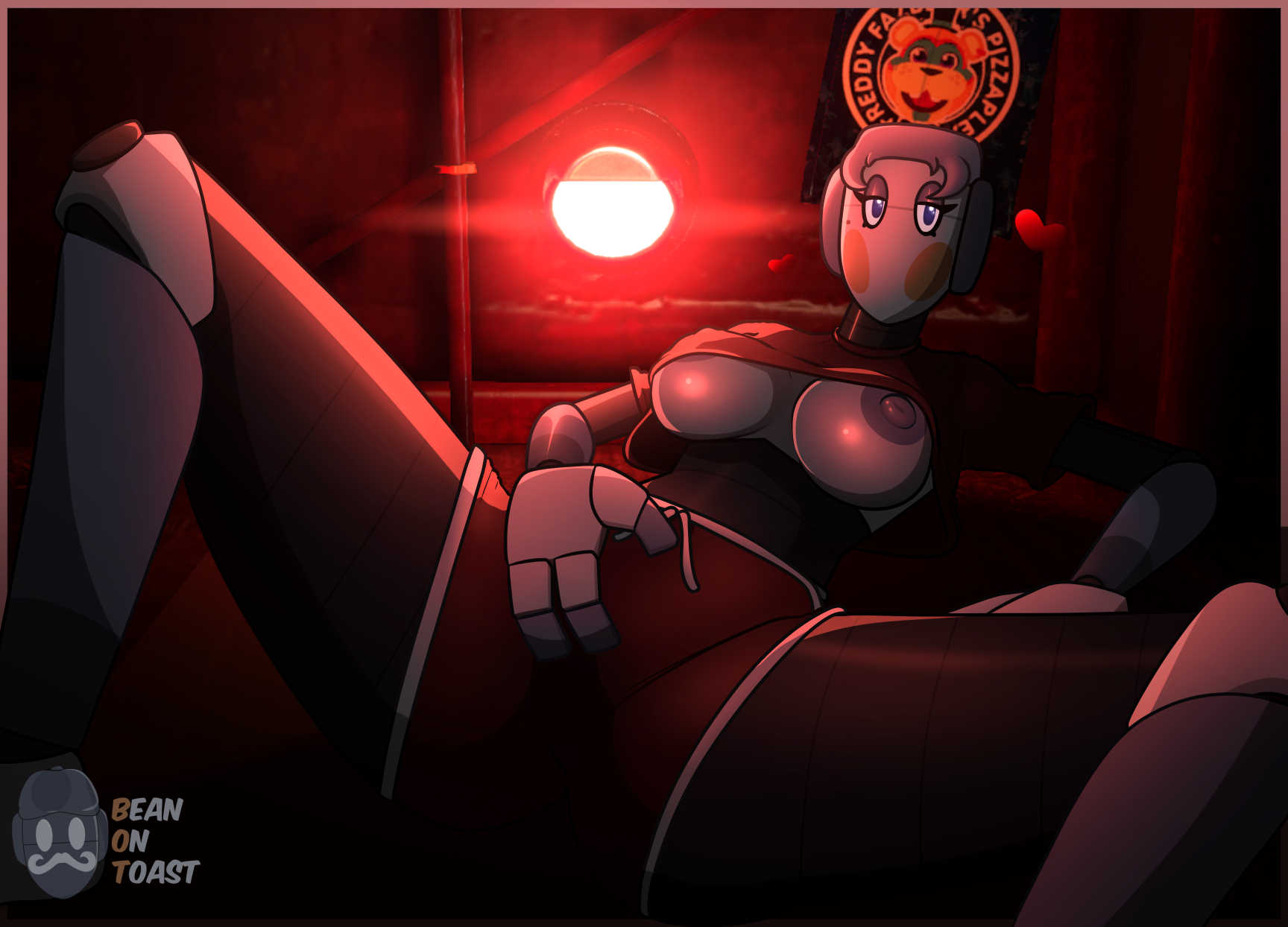 2025, 2d, 2d (artwork), 2d artwork, animatronic, animatronic female, areola, areolae, artist logo, artist name, beanontoast, booty shorts, breasts, breasts out, c.u.t.e, female, five nights at freddy's, five nights at freddy's: security breach, nipples, original character, red cheeks, robot, robot girl, solo, staff bot (security breach), staffbot, thick thighs
