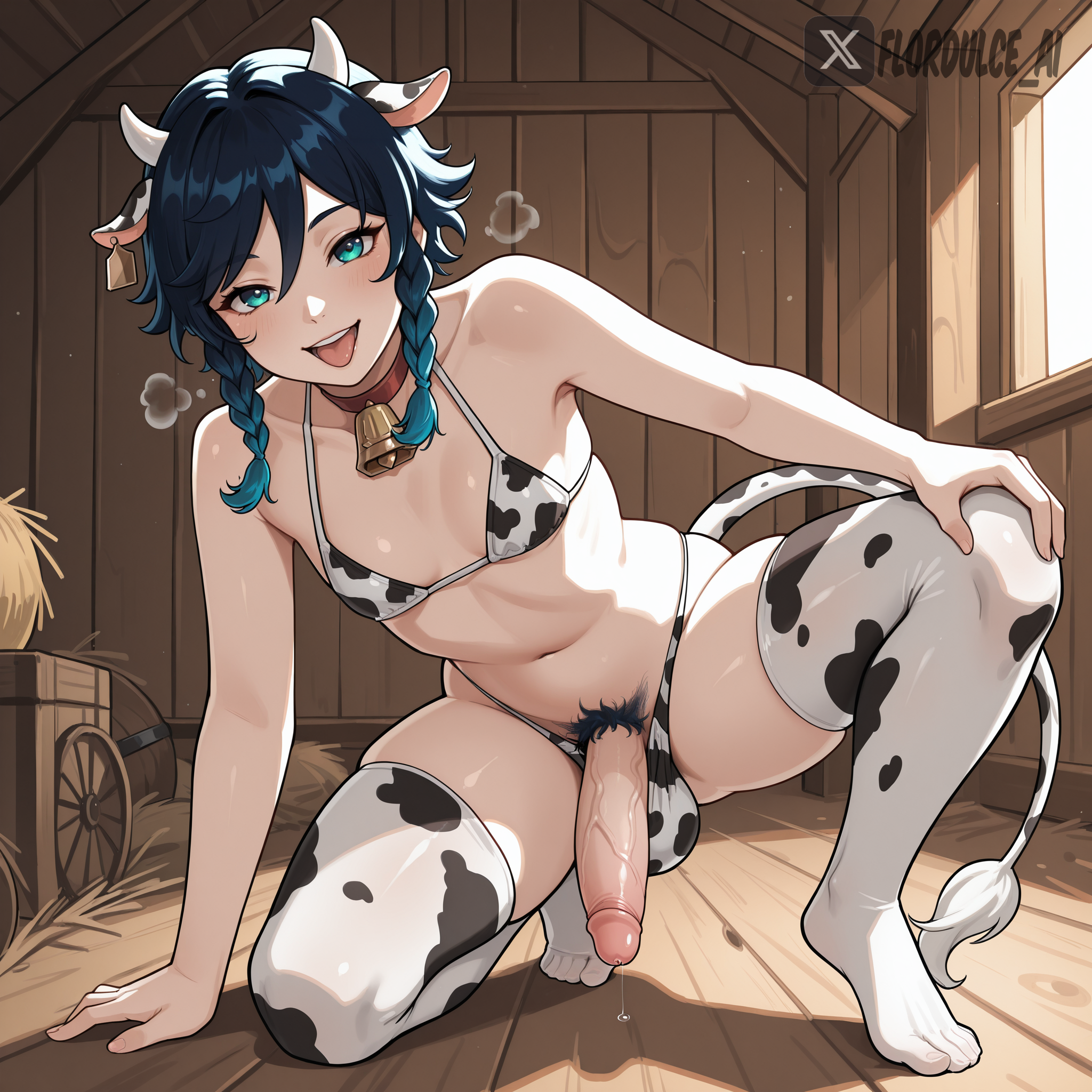 1femboy, ai generated, aqua eyes, balls, barn, braided twintails, cow ears, cow horns, cow print, cow print bikini, cow tail, cowbell, cute male, erect penis, erection, femboy, feminine male, flordulce, genshin impact, gradient hair, indoors, male, open mouth, panting, penis, penis out, pubic hair, seductive, seductive look, spread legs, squatting, testicles, thighhighs, tongue, tongue out, venti (genshin impact)