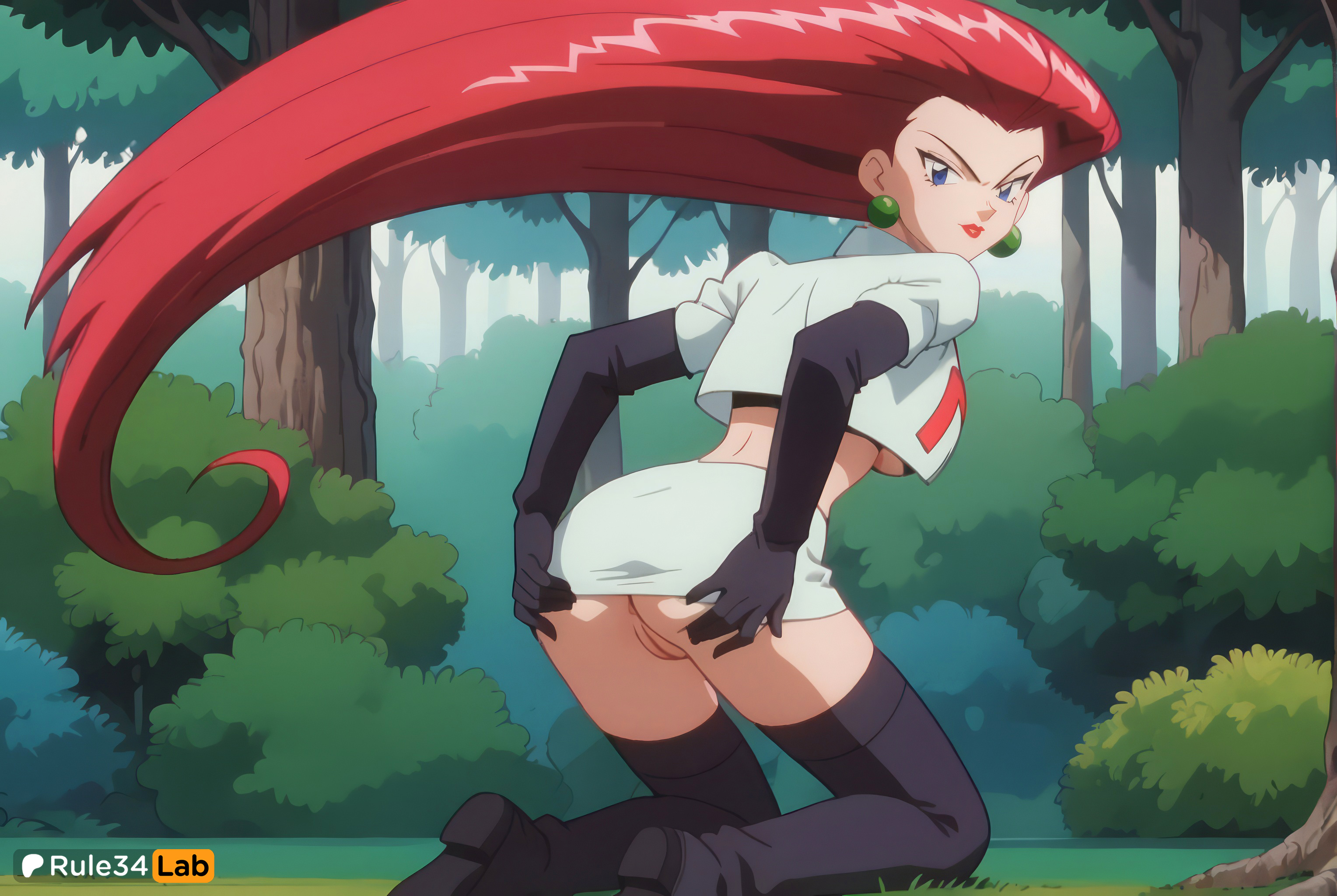 1girls, ai generated, anus, artist name, ass, black footwear, black gloves, black thighhighs, blue eyes, boots, breasts, bush, closed mouth, clothes lift, crop top, day, earrings, elbow gloves, eyelashes, female, female only, forest, from behind, gloves, hair slicked back, hands on own ass, hi res, jacket, jessie (pokemon), jewelry, kneeling, lipstick, long hair, looking at viewer, looking back, makeup, medium breasts, midriff, miniskirt, nature, nintendo, no bra, no panties, outdoors, patreon logo, pokemon, pokemon rgby, pussy, red hair, red lips, rule34lab, skirt, solo, team rocket, team rocket uniform, thigh boots, thighhighs, tree, uncensored, underboob, very long hair, watermark, white jacket, white skirt