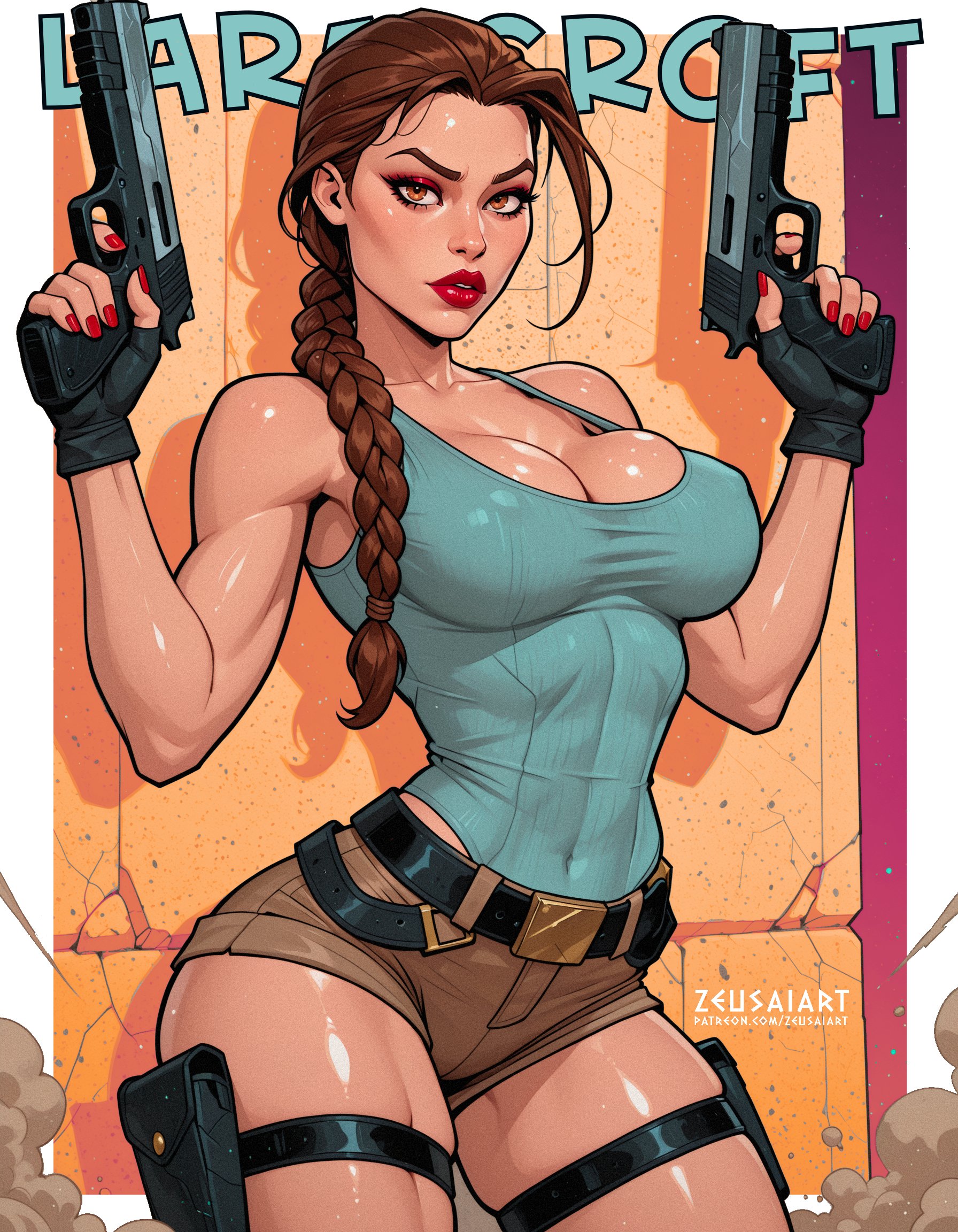 ai generated, braid, breasts, brown eyes, brown hair, busty, female, female focus, female only, hourglass figure, lara croft, lara croft (classic), long hair, pinup, pinup pose, tomb raider, tomb raider (classic), wide hips, zeusaiart
