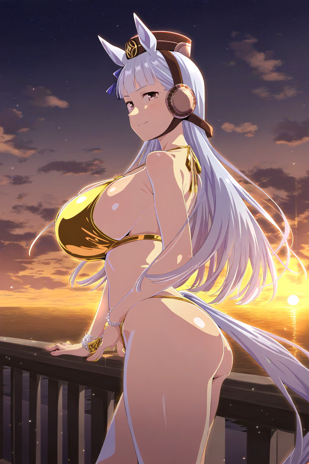 ai_generated animal_ears beach ear_muffs female gold_ship_(umamusume) golden_bikini horse_girl long_hair pink_eyes ribbon_in_hair silver_hair sunset umamusume umamusume_pretty_derby