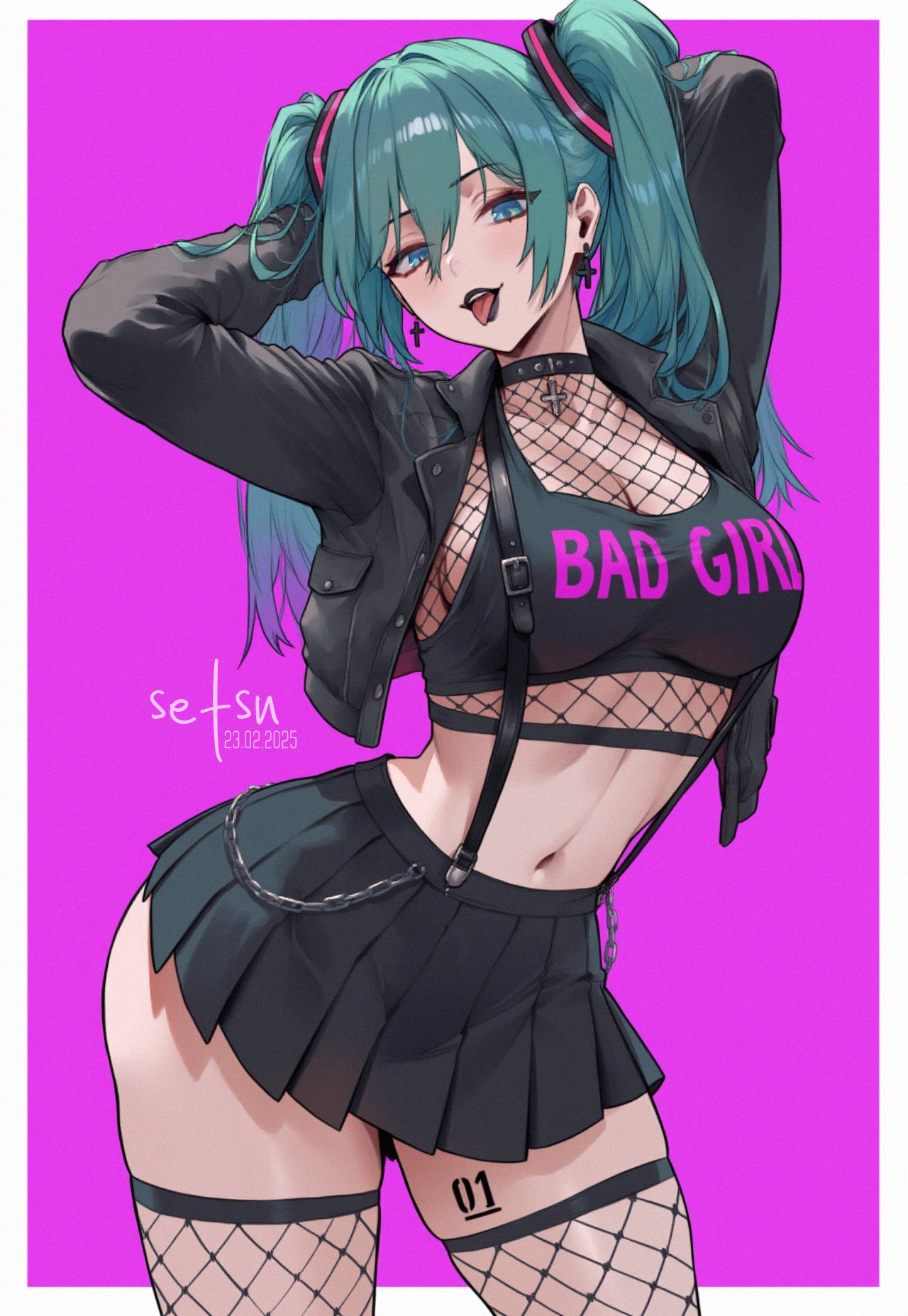 1girl, 1girls, ai generated, aqua hair, arms behind head, arms up, bangs, black choker, black jacket, black lipstick, black miniskirt, black skirt, blue eyes, blue hair, body tattoo, breasts, chain, choker, cleavage, collar, contrapposto, cowboy shot, crop top, cropped jacket, cross, cross earrings, ear piercing, earrings, eyelashes, eyeshadow, female, fishnet, fishnet clothing, fishnet thighhighs, fishnet top, fishnets, hair between eyes, hands behind head, hatsune miku, jacket, jewelry, large breasts, lipstick, long hair, looking at viewer, midriff, miniskirt, navel, open clothes, open jacket, open mouth, piercing, pleated skirt, purple background, semi nude, setsuaiart, simple background, skindentation, skirt, solo, solo female, solo focus, suspenders, tattoo, tattoo on thigh, thighhighs, tongue, tongue out, tongue piercing, tounge out, twintails, vocaloid