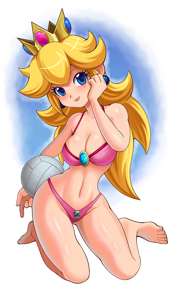 1girls, bikini, blonde hair, blue eyes, female, female only, looking at viewer, mario (series), maximumvideojustice, nintendo, pink bikini, princess peach, simple background, solo, swimsuit, volleyball