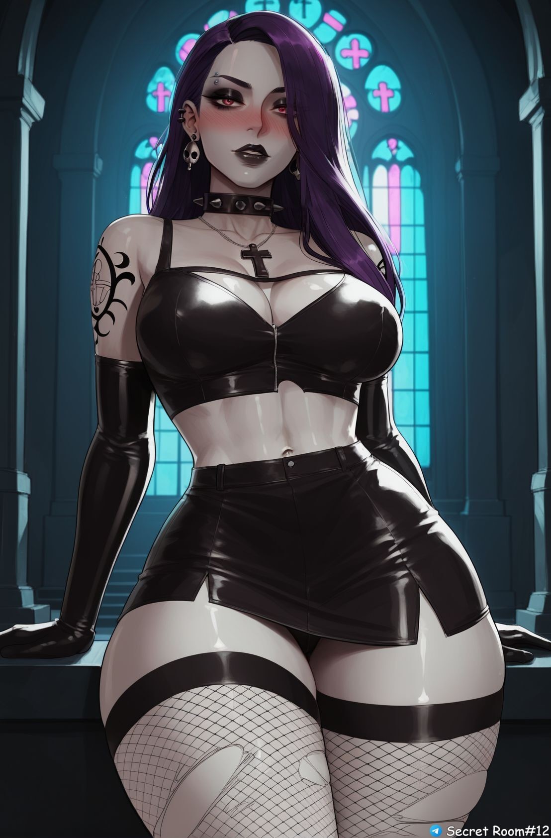 1girls, ai generated, big hips, choker, curvy, curvy figure, female, fishnet stockings, fishnets, front view, gloves, goth, goth girl, goth mommy, gothic, gothic girl, gothic makeup, latex, latex gloves, light skin, light-skinned female, long hair, makeup, mature female, milf, mommy, original character, pale skin, pale-skinned female, panties, pony diffusion xl, purple hair, red eyes, secret room12, shiny skin, skirt, stable diffusion, standing, stockings, tattoo, thick thighs, wide hips