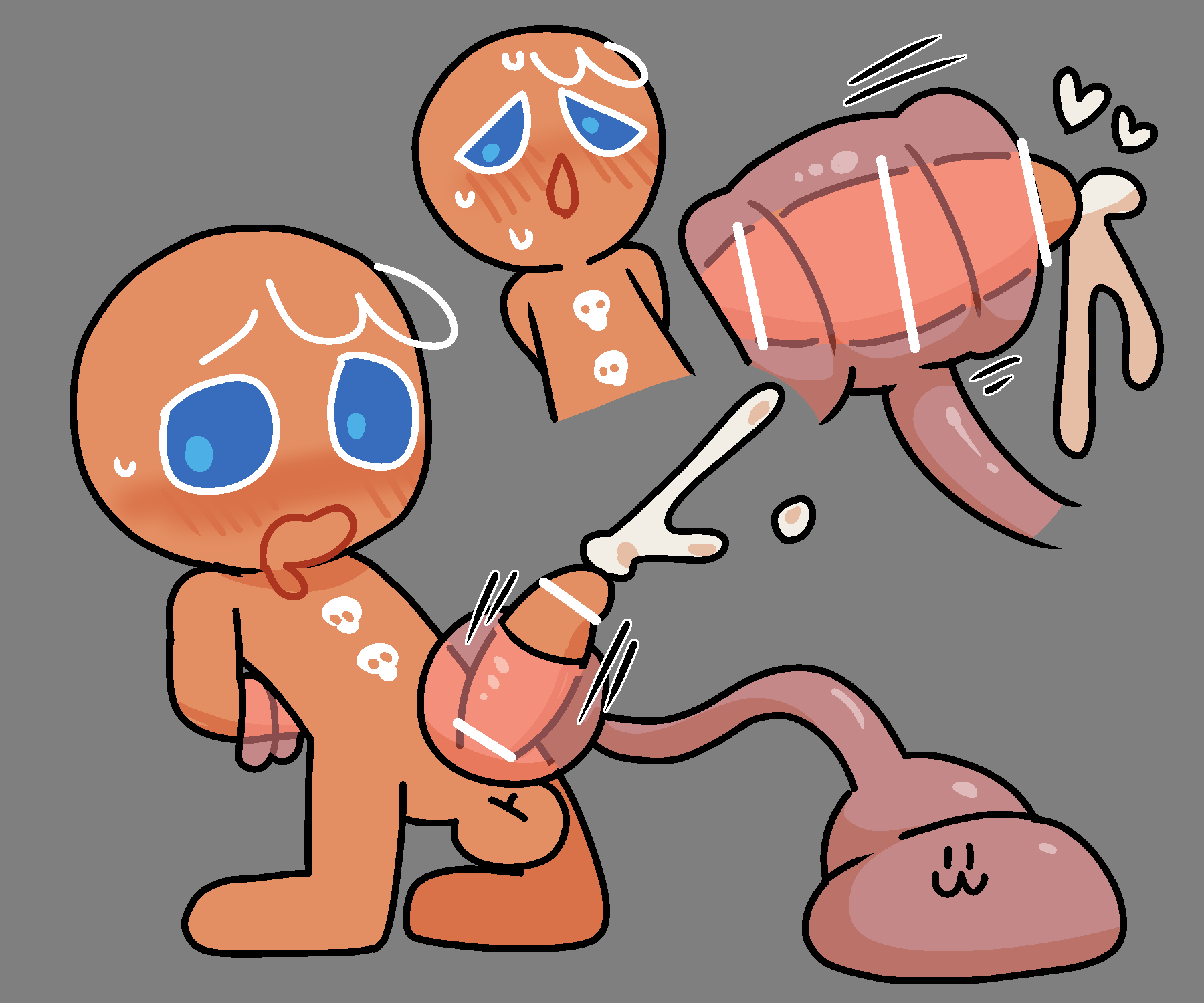 :3, 1boy, 1other, 2025, ambiguous gender, blue eyes, blush, blush lines, bottomless, brown body, cock, cock milking, cookie, cookie run, cookie run kingdom, cookie run ovenbreak, cum, cumming, femboy, feminine male, gay, genital fluids, genitals, gingerbrave, gingerbread man, grey background, handjob, handjob while tied, heart, hearts around penis, humanoid genitalia, humanoid penis, looking at penis, looking pleasured, male, male/ambiguous, motion lines, no clothes, no humans, non-human, nude, nude male, penis, penis in slime, penis out, pink slime, ria (artist), riagaras, simple background, simple shading, skull, skull symbol, slime, slime monster, sweat, sweatdrop, sweating, sweaty, tagme, tied, tied hands, tied up, topless, white hair, yaoi