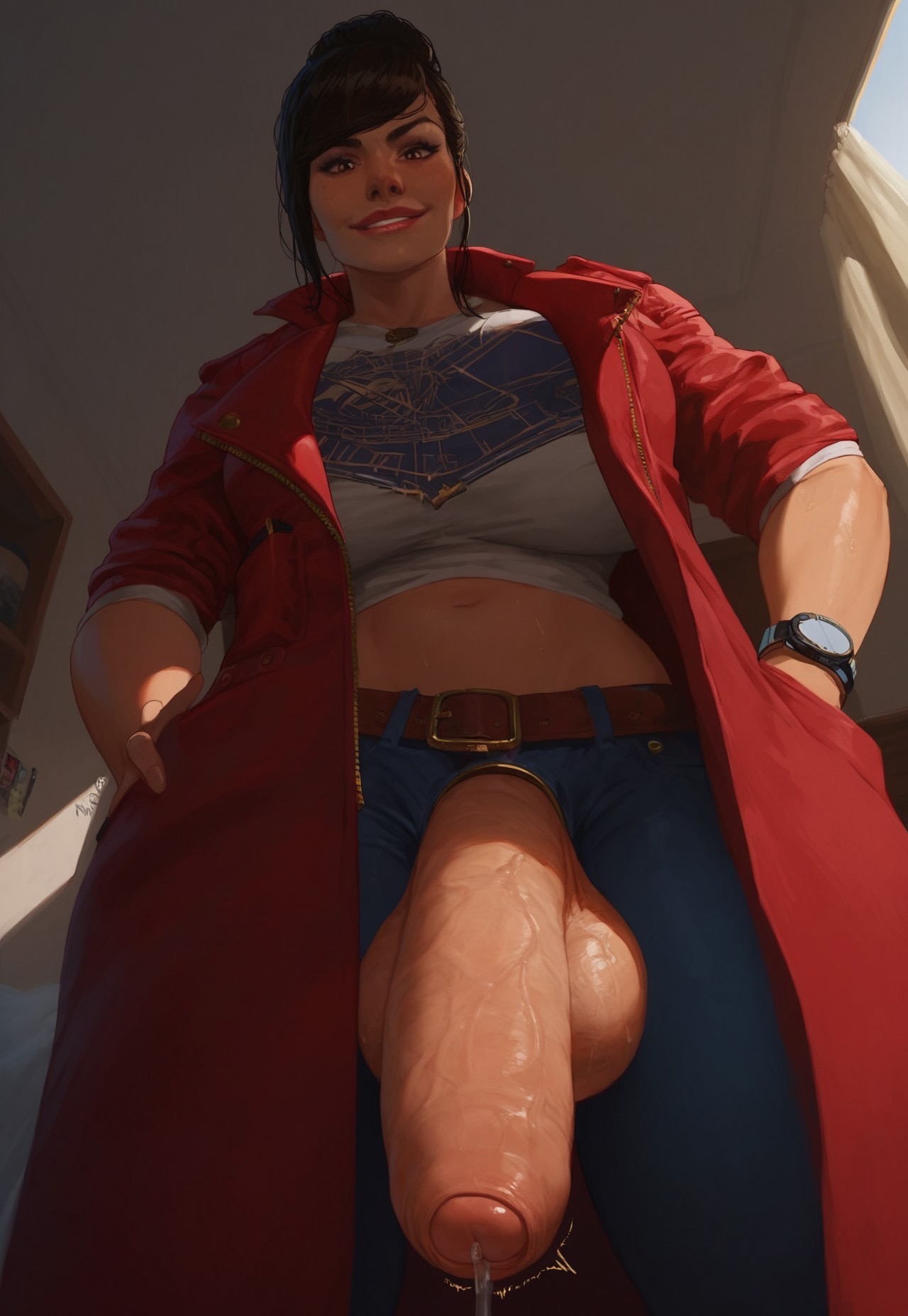 1futa, ai generated, balls, big balls, big breasts, big penis, black hair, breasts, brown eyes, civitai, dc, dc comics, flaccid, foreskin, fully clothed, futa only, futanari, futazealot, hair bun, intersex, light skin, light-skinned futa, lois lane, lois lane (suicide squad game), looking at viewer, looking down, looking down at viewer, midriff, penis, penis out, penis out of pants, precum, precum drip, rocksteady studios, smirk, solo, suicide squad: kill the justice league, superman (series), thick penis, uncircumcised, uncut, veiny penis