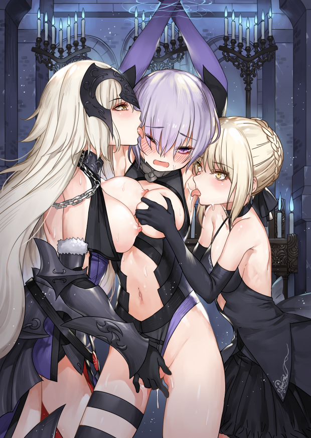 3girls arch armpit_licking armpits artoria_pendragon artoria_pendragon_(alter) ass_visible_through_thighs asymmetrical_docking bangs bare_shoulders black_dress black_gloves black_legwear blonde_hair blue_fire bound bound_wrists braid breast_grab breast_press breasts breasts_out burning_candles candlelight candles candlestand chains choker cowboy_shot deep_skin dress elbow_gloves embarrassed eyebrows_visible_through_hair face_licking fate/grand_order fate_(series) faulds fingering fire fur_trim girl_sandwich gloves gorget grabbing groin hair_ribbon headpiece jeanne_alter large_breasts licking light_particles long_hair looking_at_another mash_kyrielight medium_breasts multiple_girls navel navel_cutout nipples one_eye_closed open_mouth popoccpo profile purple_eyes purple_gloves purple_hair pussy_juice restrained revision ribbon sandwiched shiny shiny_skin short_hair sidelocks single_thighhigh small_breasts stomach sweat thigh_strap thighhighs tied_hair tongue tongue_out vambraces very_long_hair yellow_eyes yuri